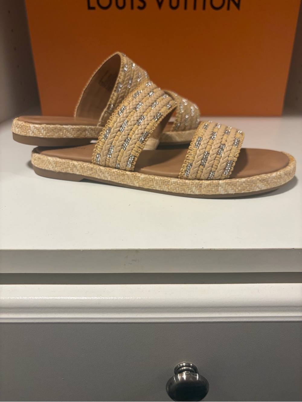 Madden Girl Tan Braided Slide Sandals with Rhinestone Straps - Women